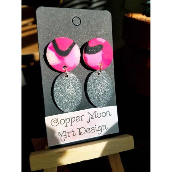 Handmade Pink Black and White Glitter Statement Earrings - Picture 1 of 1